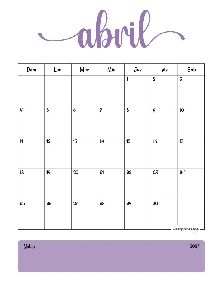 Spanish Printable April Calendar 2027 Template 31