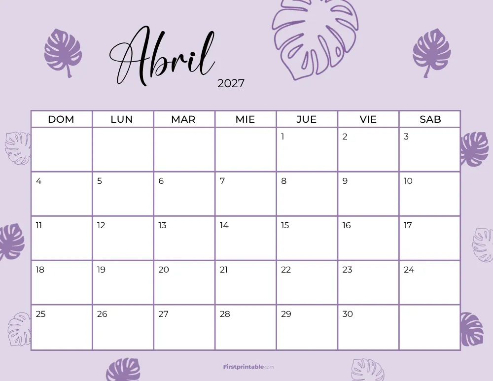 Spanish Printable April Calendar 2027 Template 36