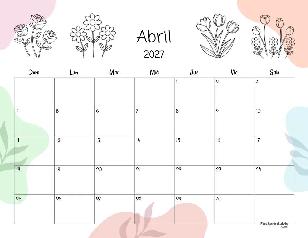 Spanish Printable April Calendar 2027 Template 39