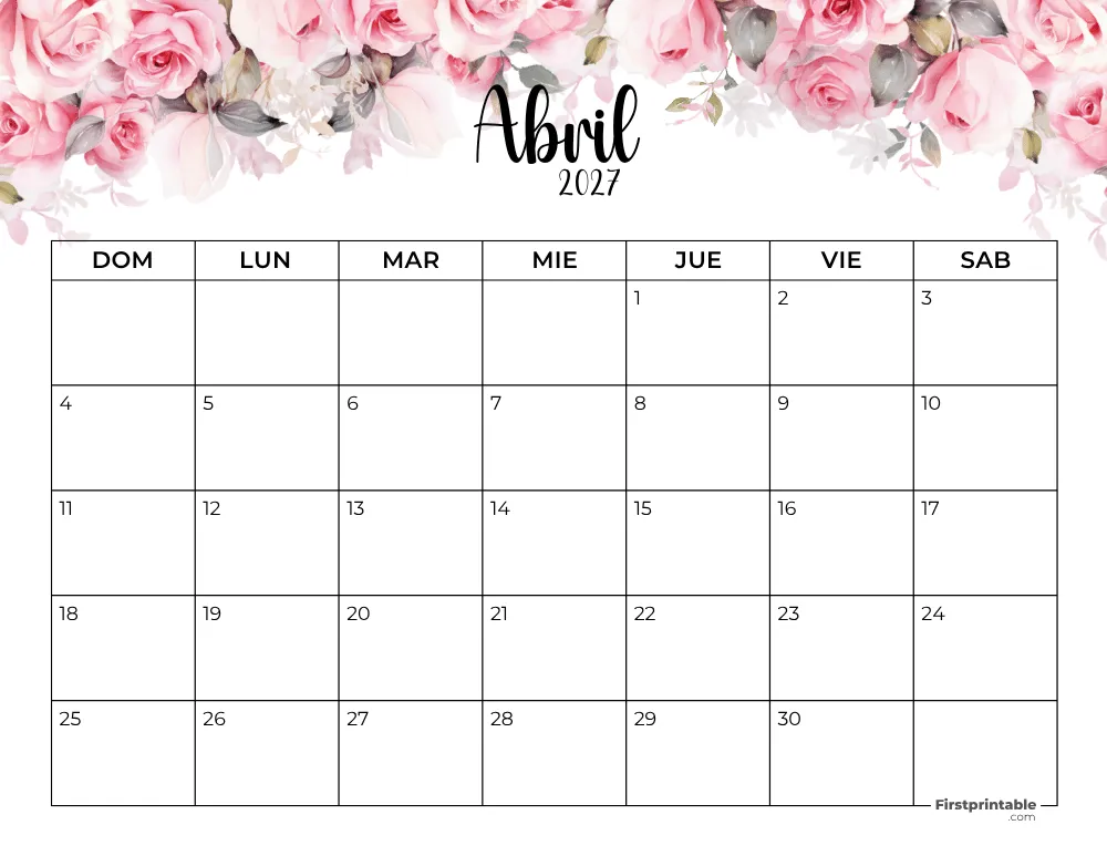 Spanish Printable April Calendar 2027 Template 40