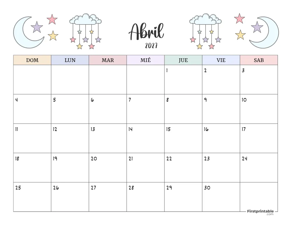 Spanish Printable April Calendar 2027 Template 41