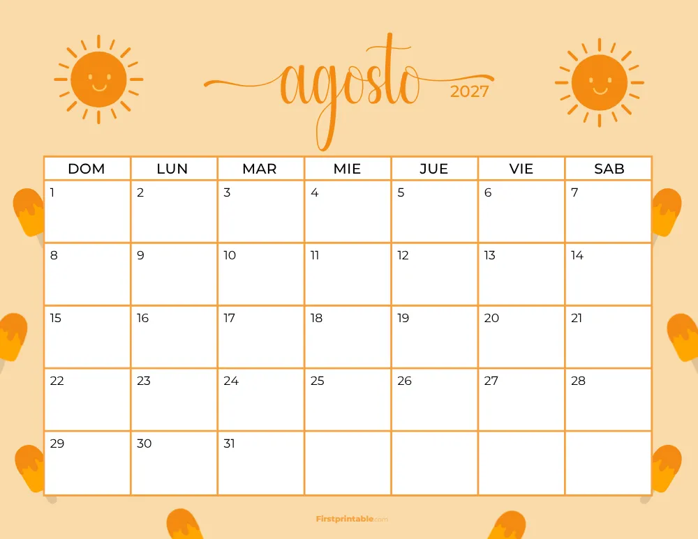 Spanish Printable August Calendar 2027 Summer Template 37