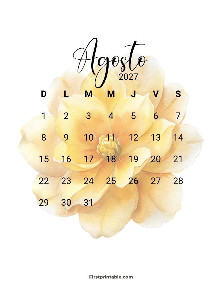 Spanish Printable August Calendar 2027 Template 27