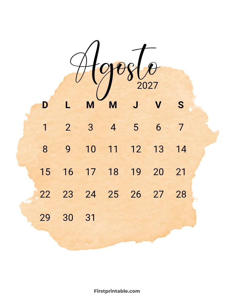 Spanish Printable August Calendar 2027 Template 30