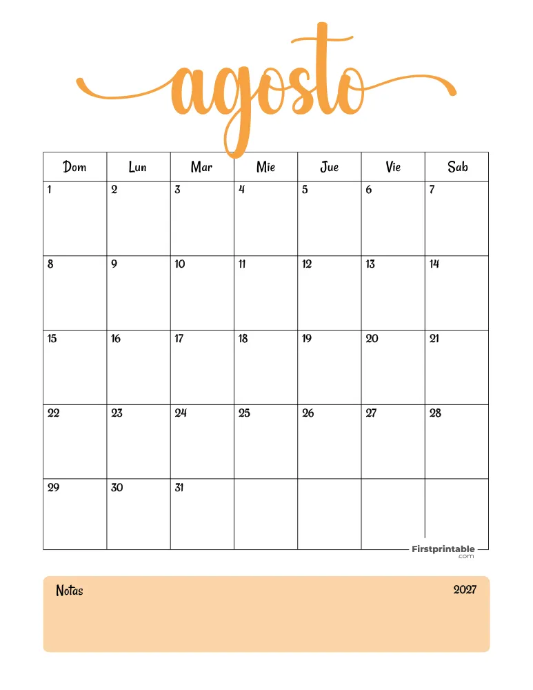 Spanish Printable August Calendar 2027 Template 31