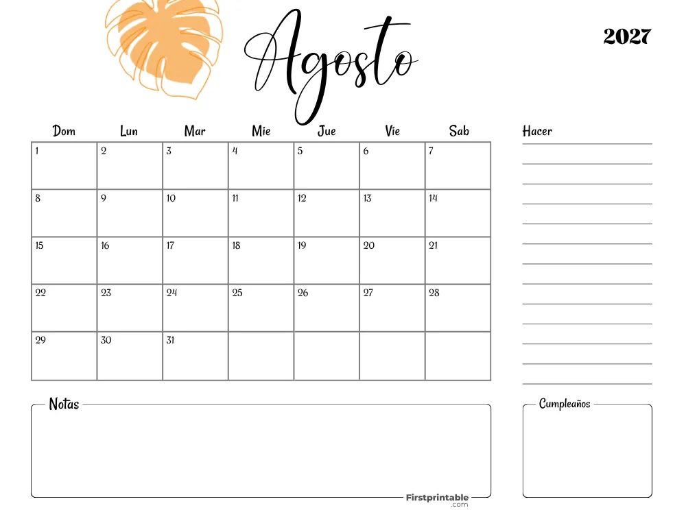 Spanish Printable August Calendar 2027 Template 35
