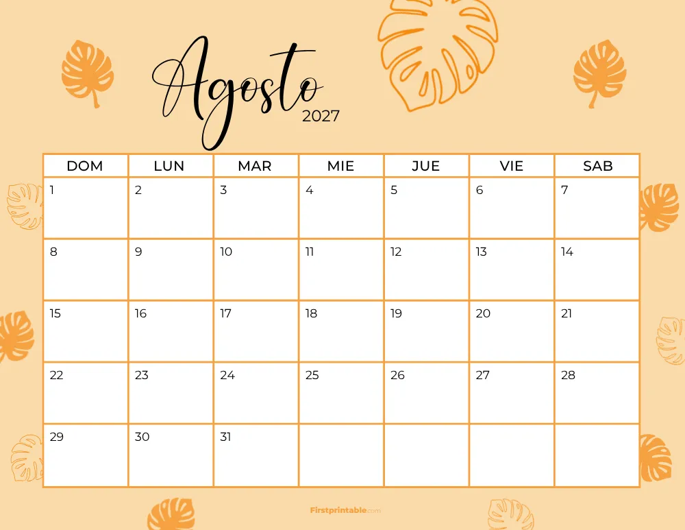 Spanish Printable August Calendar 2027 Template 36