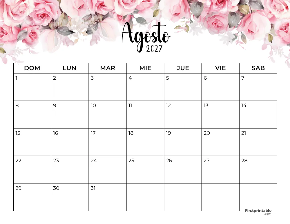 Spanish Printable August Calendar 2027 Template 40