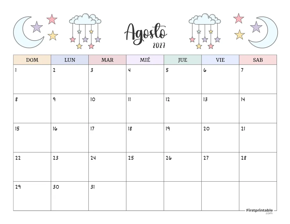 Spanish Printable August Calendar 2027 Template 41
