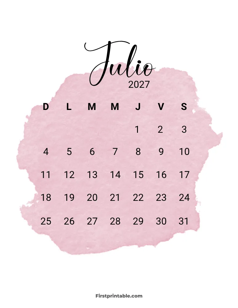 Spanish Printable July Calendar 2027 Template 30