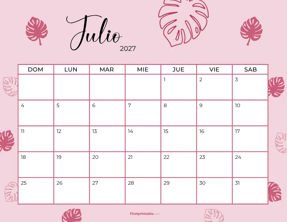 Spanish Printable July Calendar 2027 Template 36