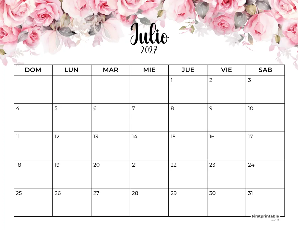 Spanish Printable July Calendar 2027 Template 40