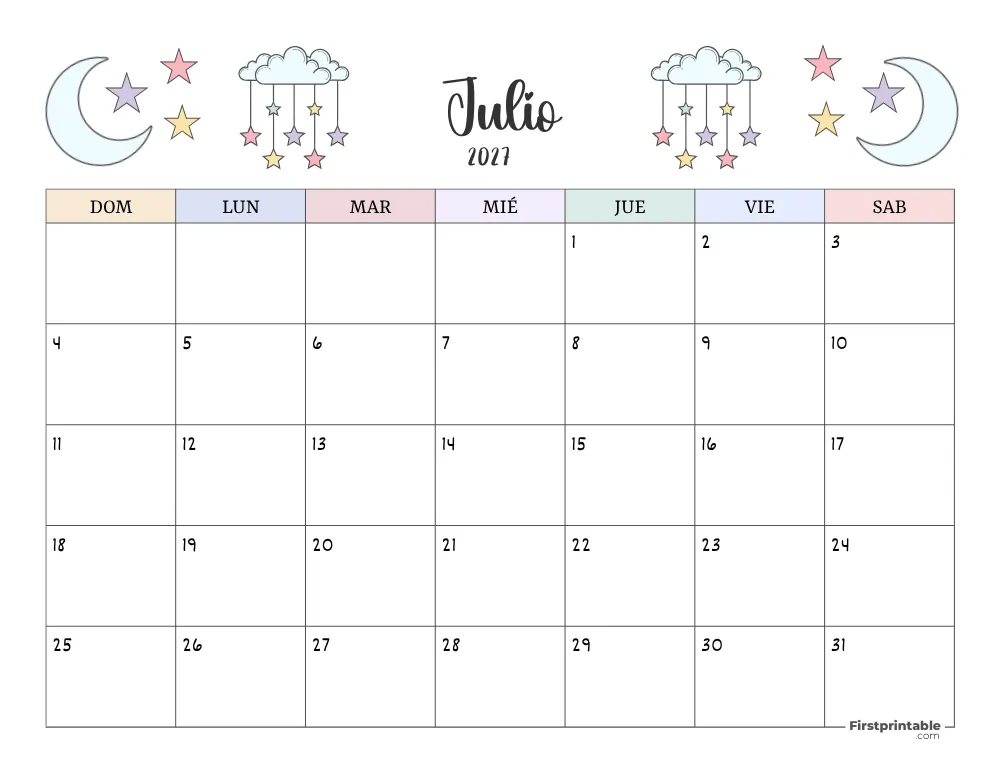 Spanish Printable July Calendar 2027 Template 41