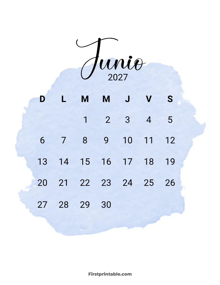 Spanish Printable June Calendar 2027 Template 30