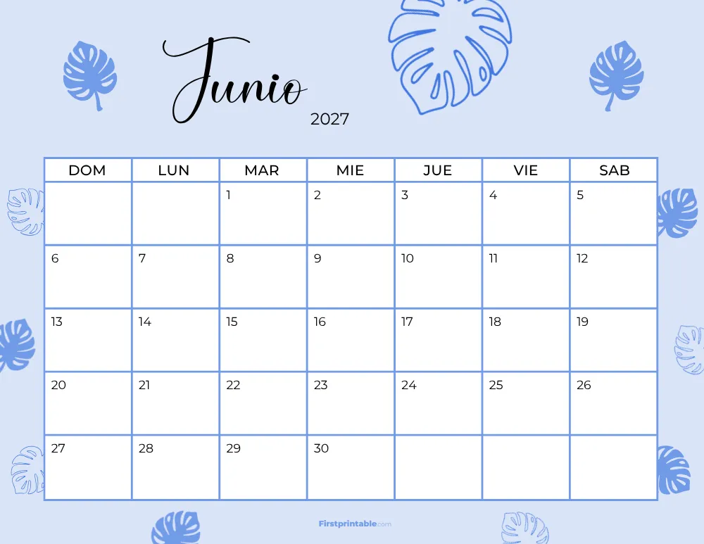 Spanish Printable June Calendar 2027 Template 36