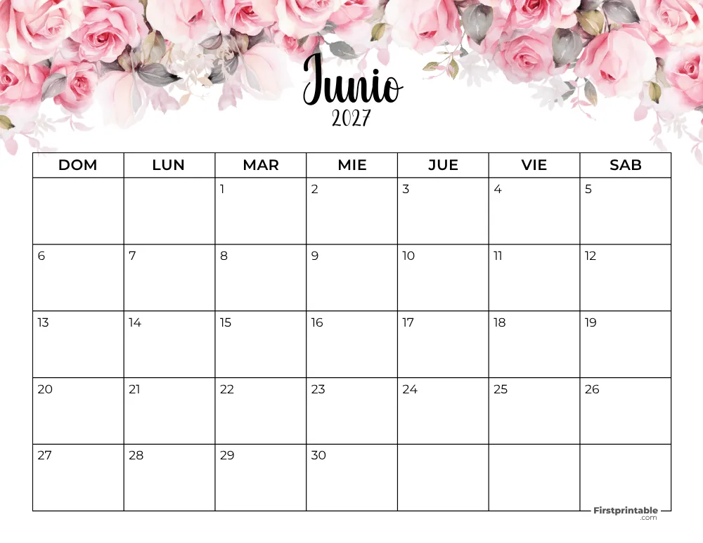 Spanish Printable June Calendar 2027 Template 40