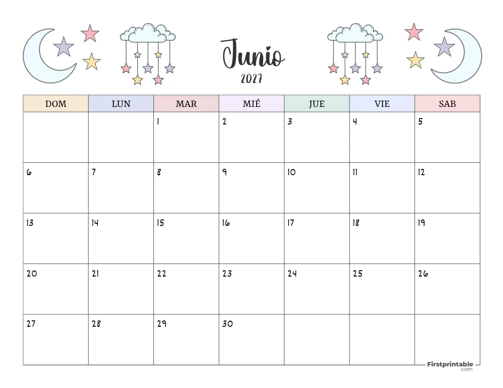 Spanish Printable June Calendar 2027 Template 41