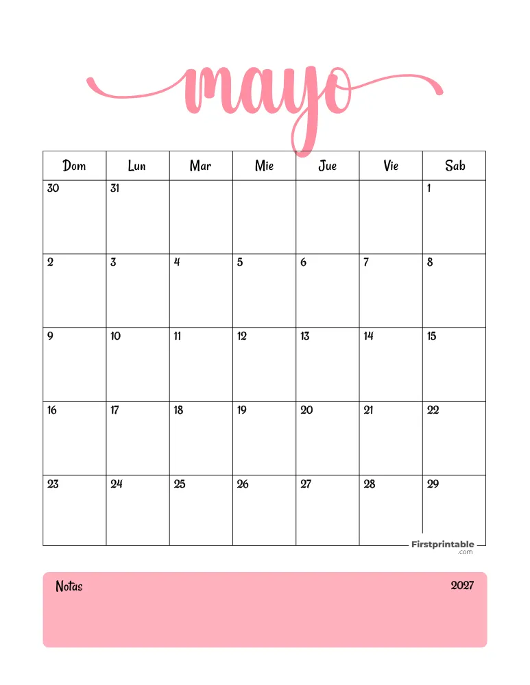 Spanish Printable May Calendar 2027 Template 31