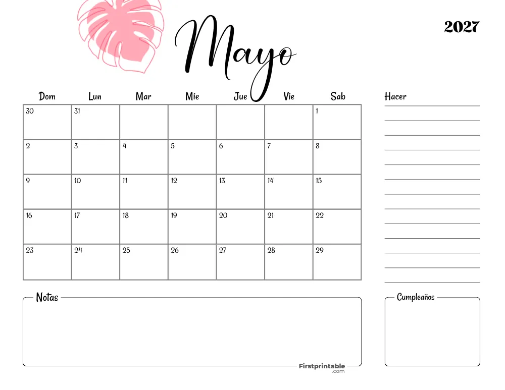 Spanish Printable May Calendar 2027 Template 35