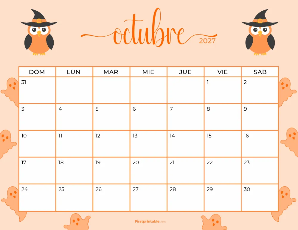 Spanish Printable October Calendar 2027 Halloween Template 37