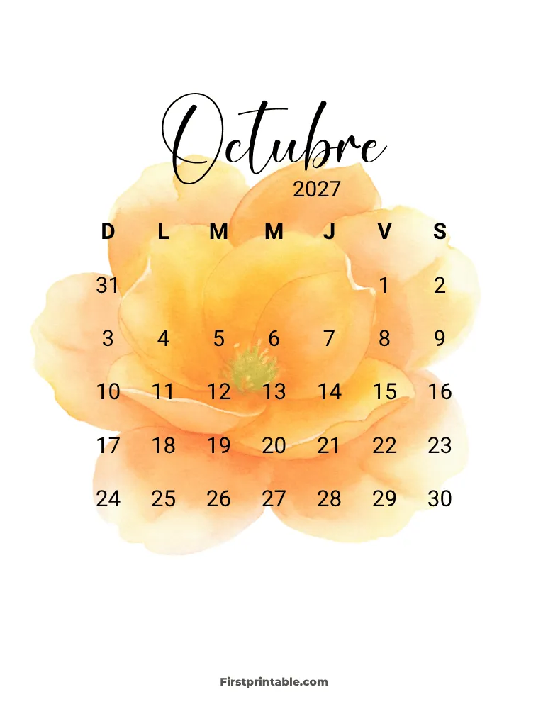 Spanish Printable October Calendar 2027 Template 27