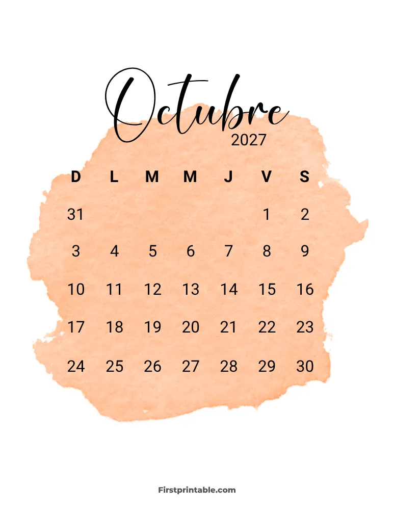 Spanish Printable October Calendar 2027 Template 30