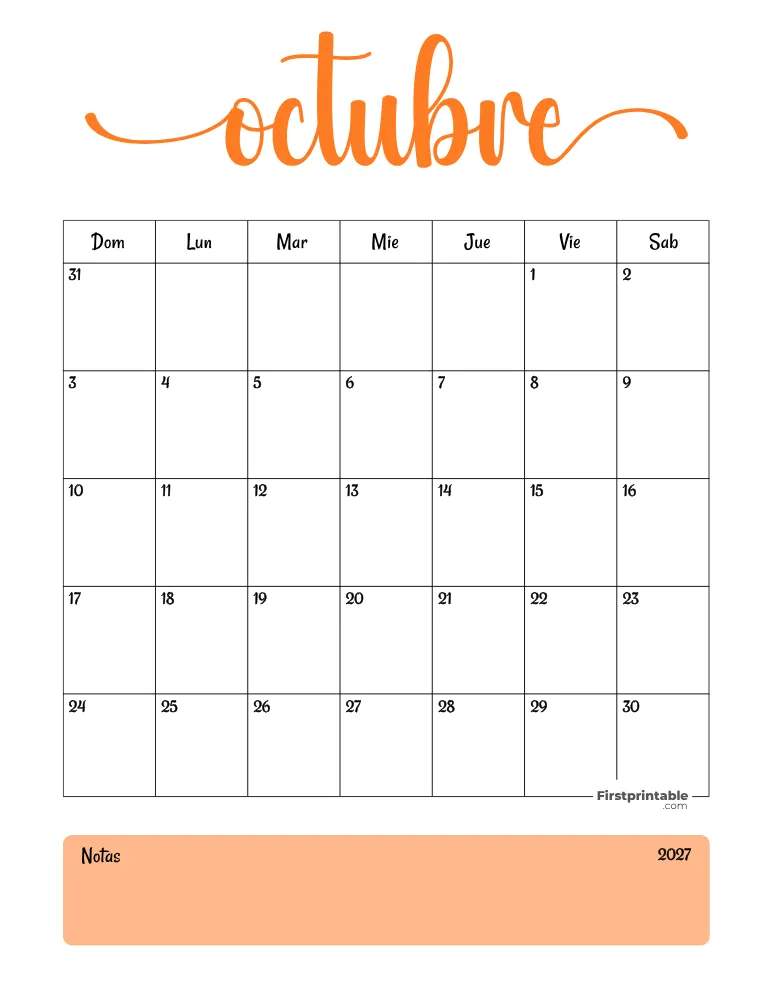Spanish Printable October Calendar 2027 Template 31