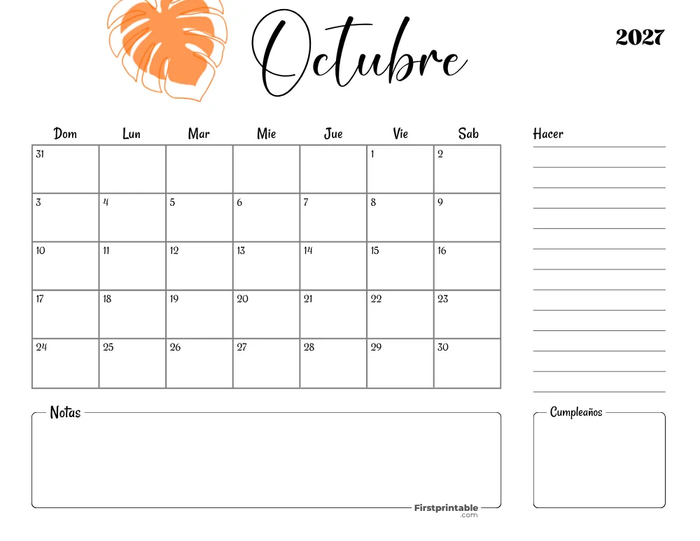 Spanish Printable October Calendar 2027 Template 35