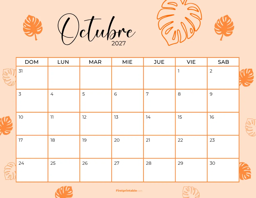 Spanish Printable October Calendar 2027 Template 36