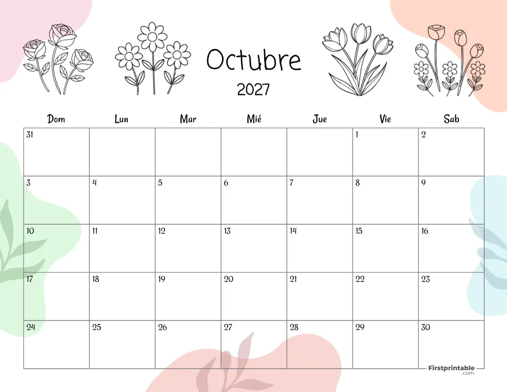 Spanish Printable October Calendar 2027 Template 39