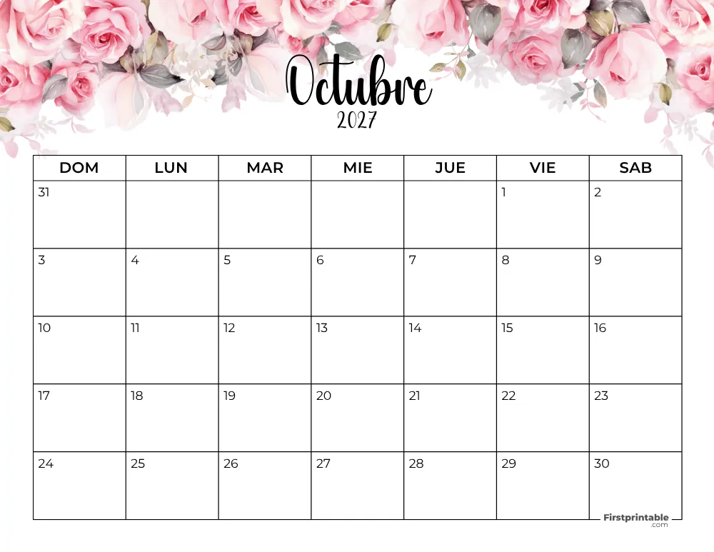 Spanish Printable October Calendar 2027 Template 40