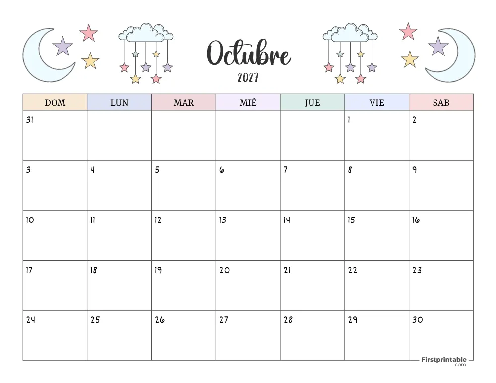 Spanish Printable October Calendar 2027 Template 41