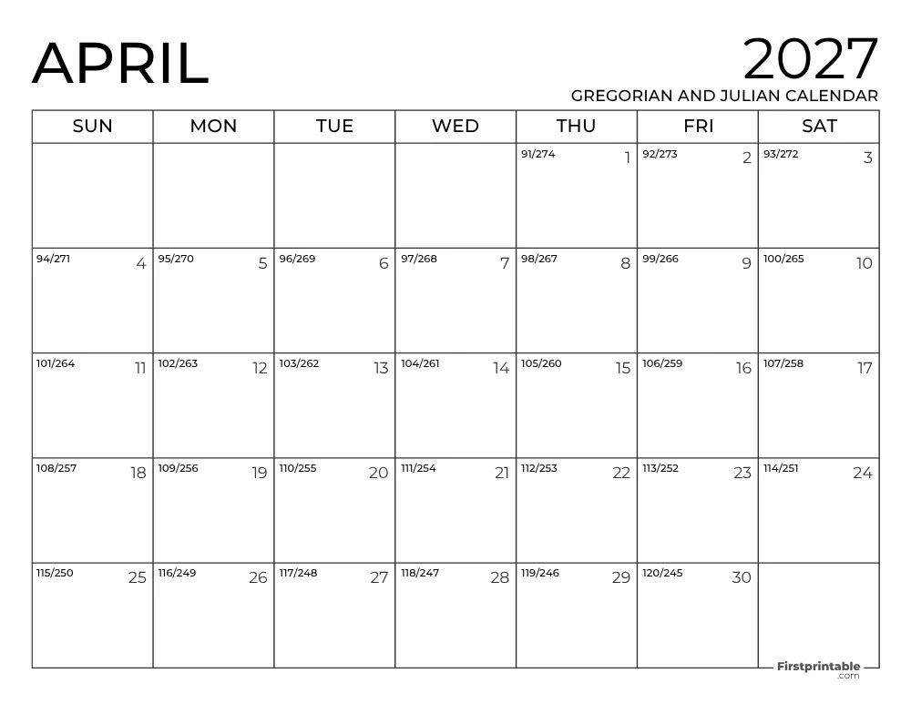 April 2027 Gregorian and Julian Calendar