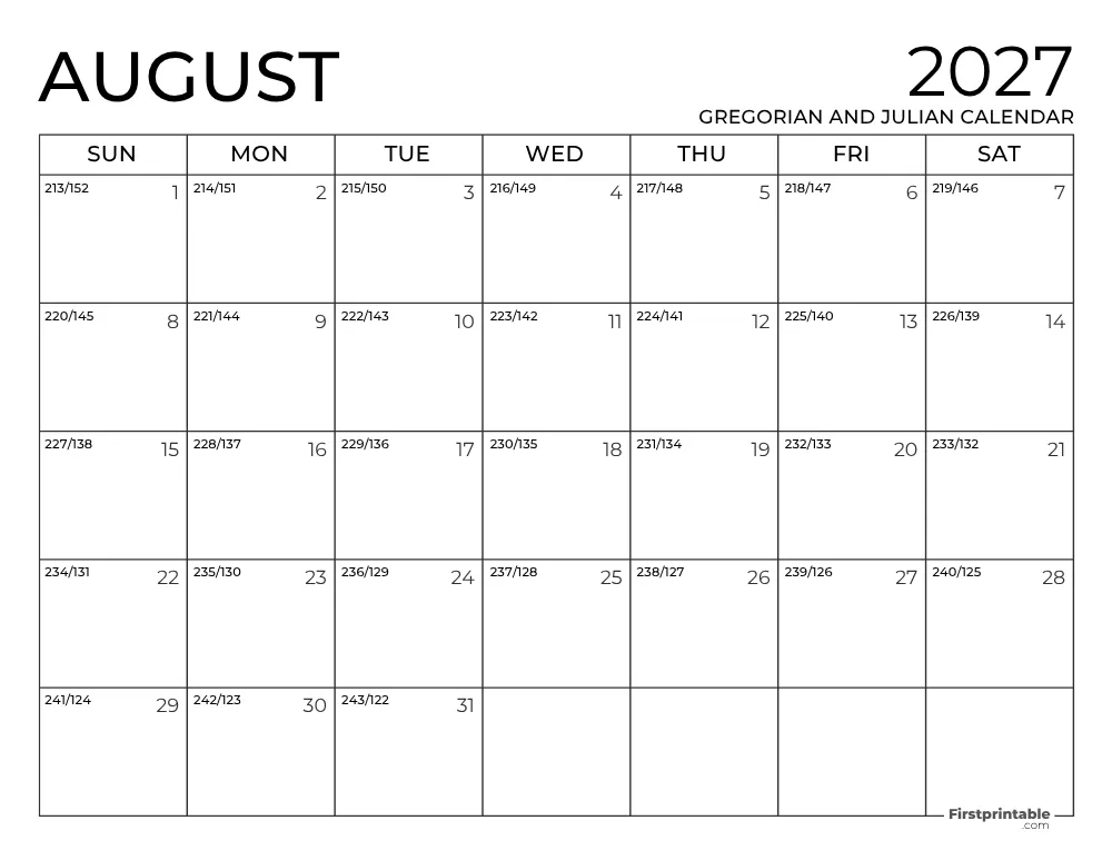 August 2027 Gregorian and Julian Calendar