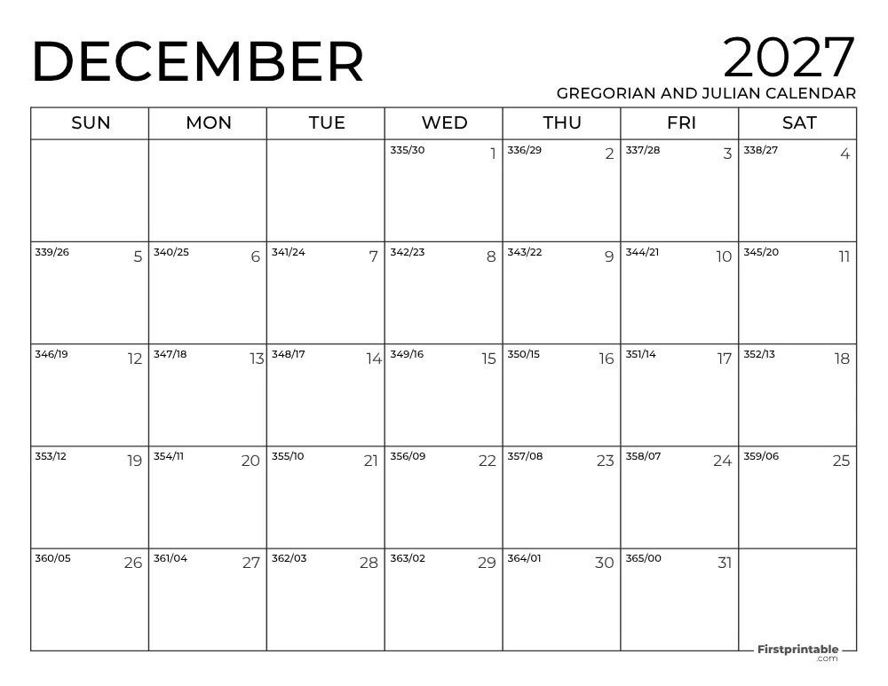 December 2027 Gregorian and Julian Calendar
