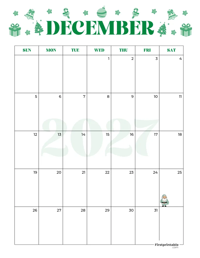December Calendar 2027 Christmas Template 07