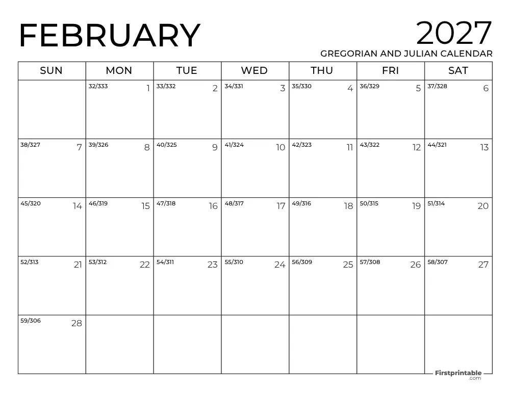 February 2027 Gregorian and Julian Calendar