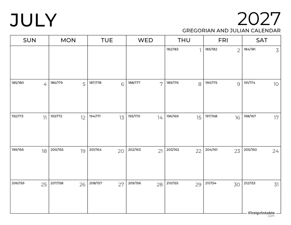 July 2027 Gregorian and Julian Calendar