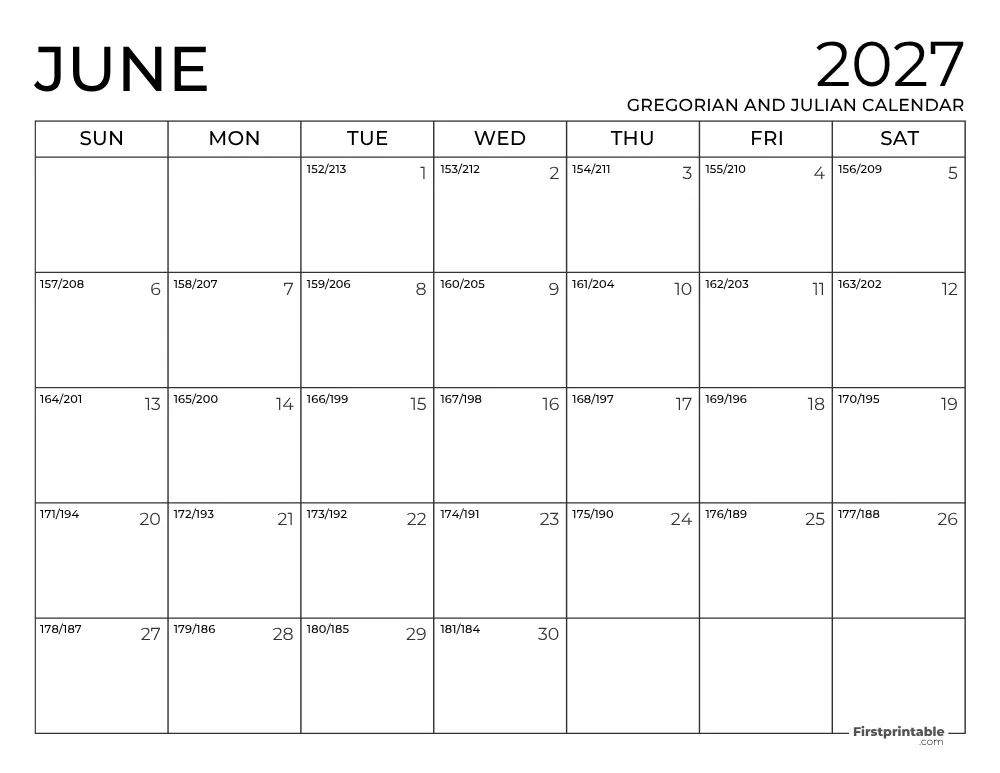 June 2027 Gregorian and Julian Calendar