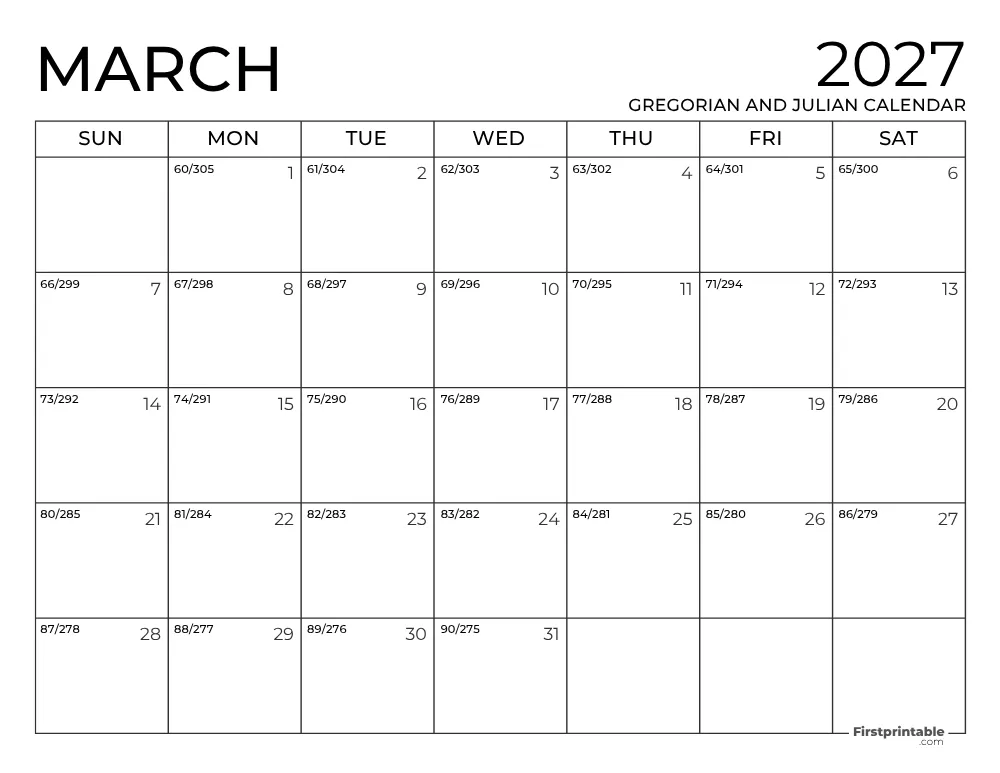 March 2027 Gregorian and Julian Calendar
