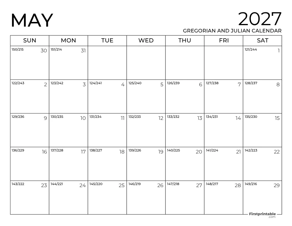 May 2027 Gregorian and Julian Calendar