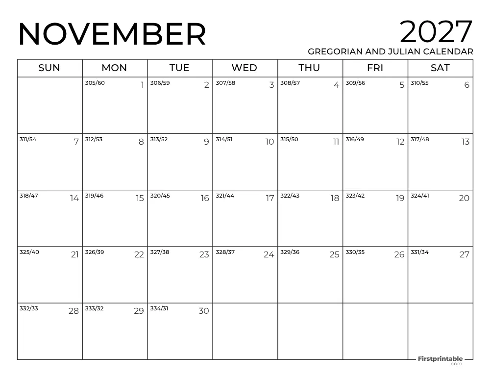 November 2027 Gregorian and Julian Calendar