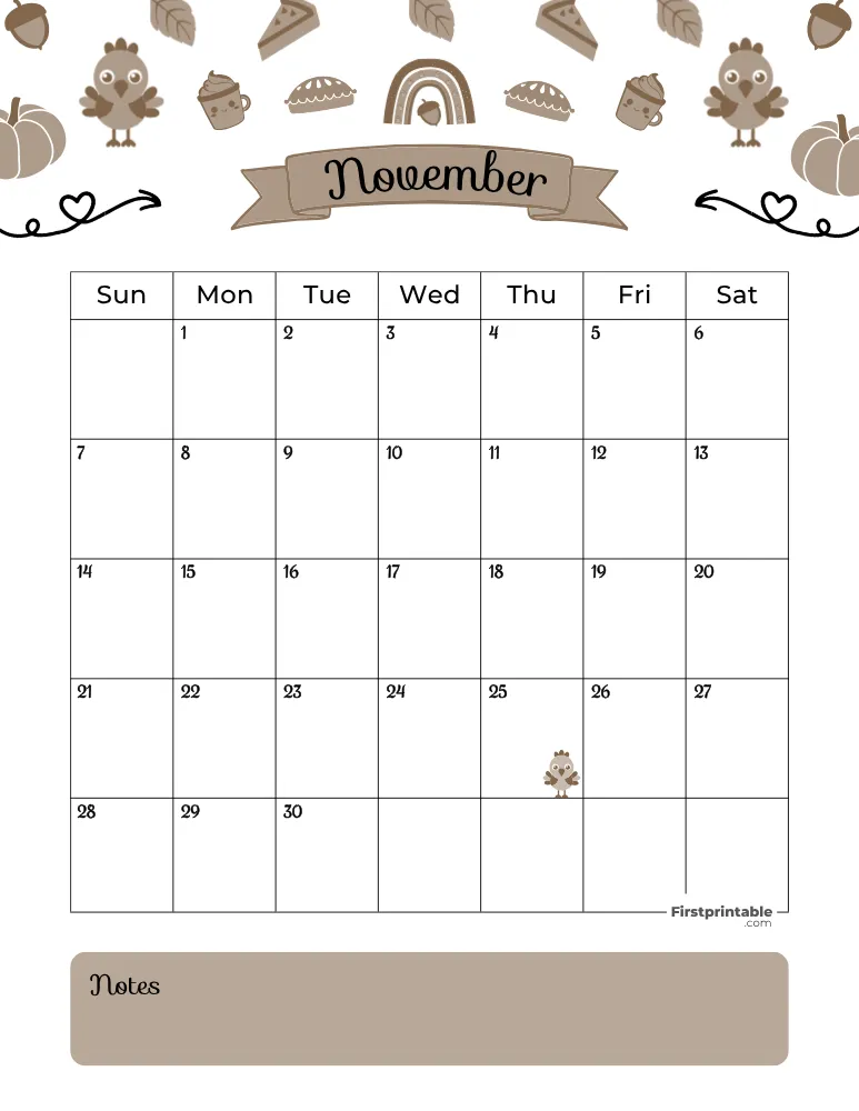 November Calendar 2027 Thanksgiving Day Template 01