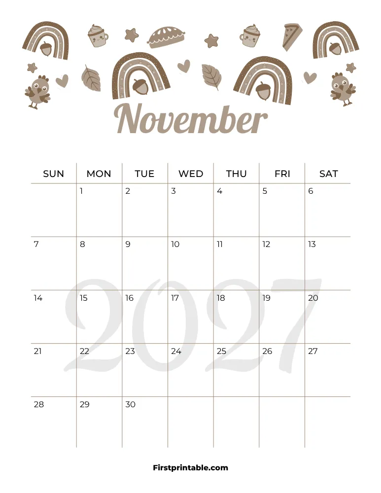 November Calendar 2027 Thanksgiving Day Template 06