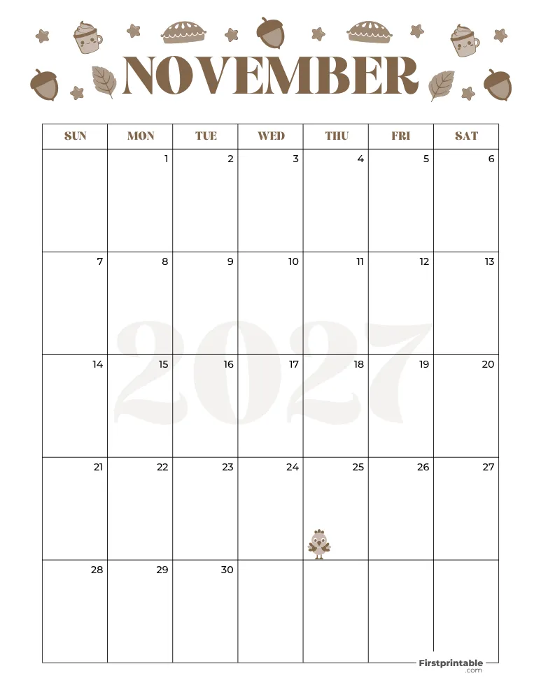 November Calendar 2027 Thanksgiving Day Template 07