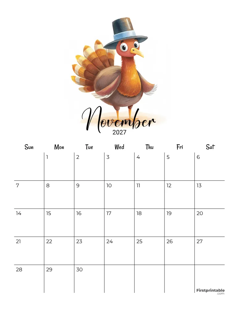 November Calendar 2027 Thanksgiving Day Template 08