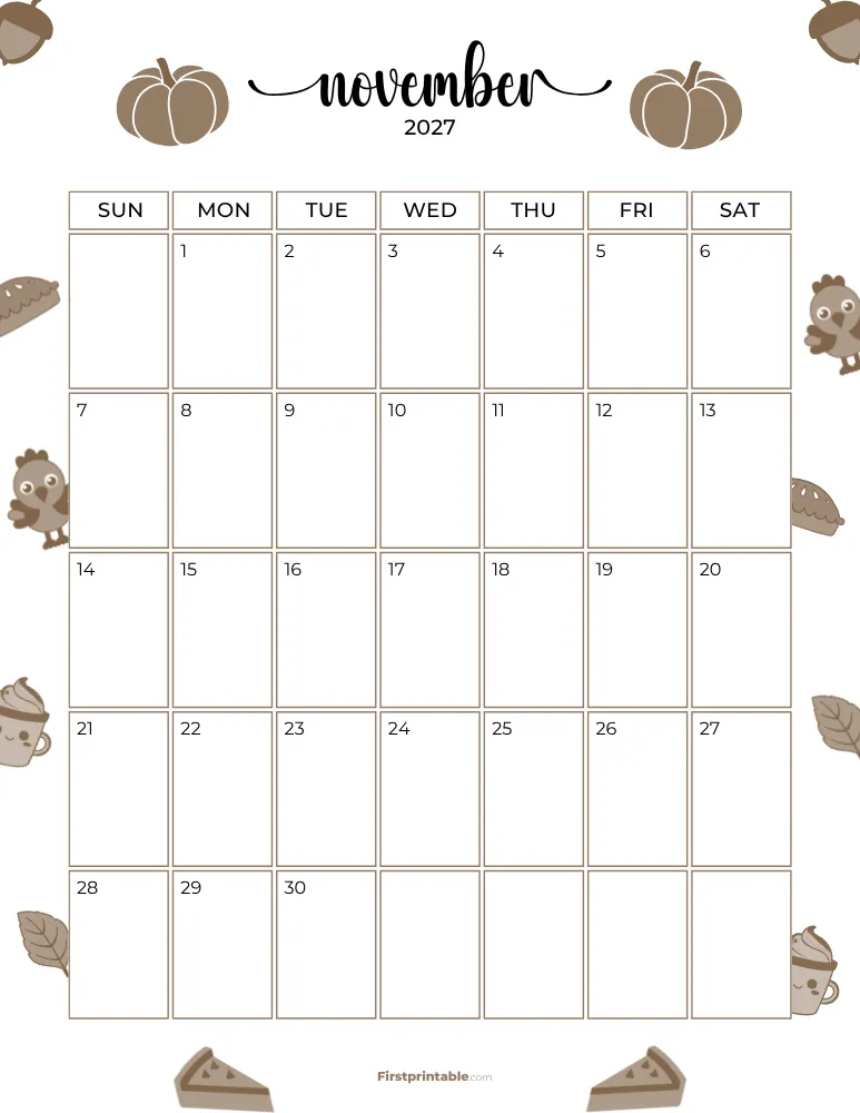 November Calendar 2027 Thanksgiving Day Template 09