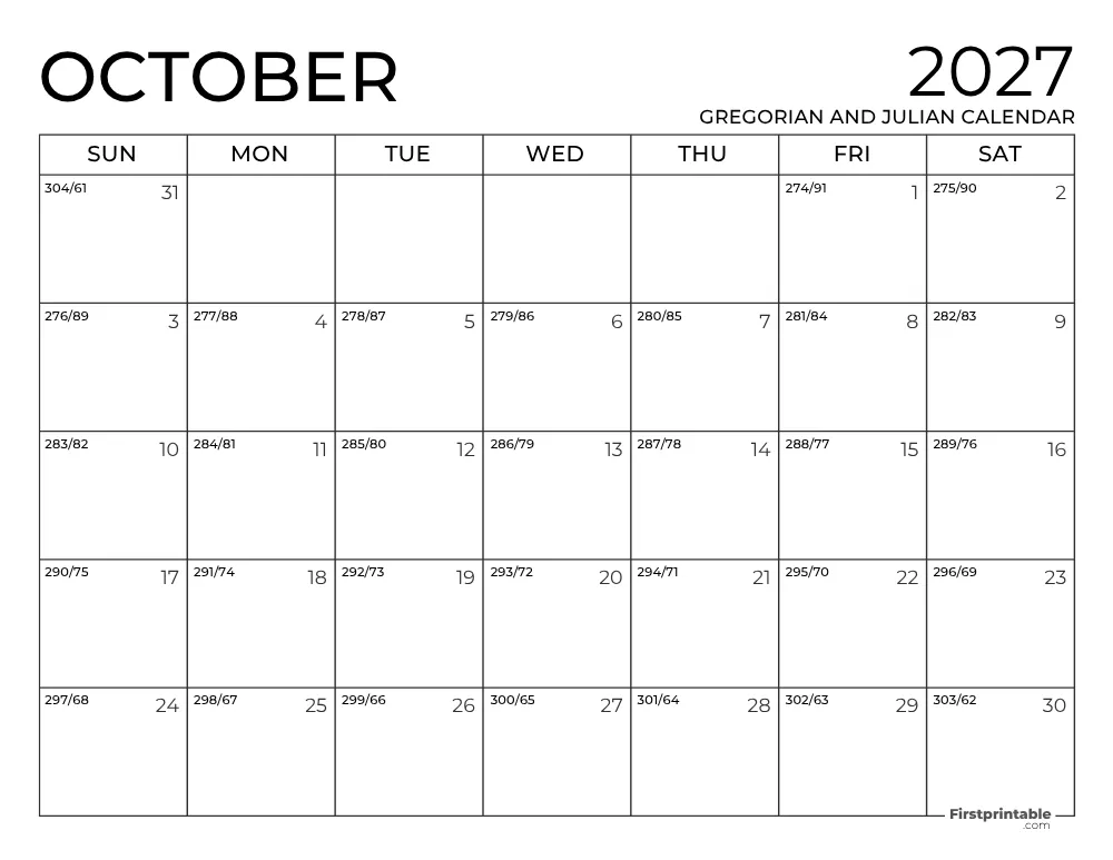 October 2027 Gregorian and Julian Calendar