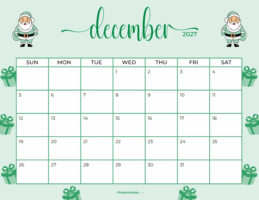 Printable December Calendar 2027 Christmas Template 20