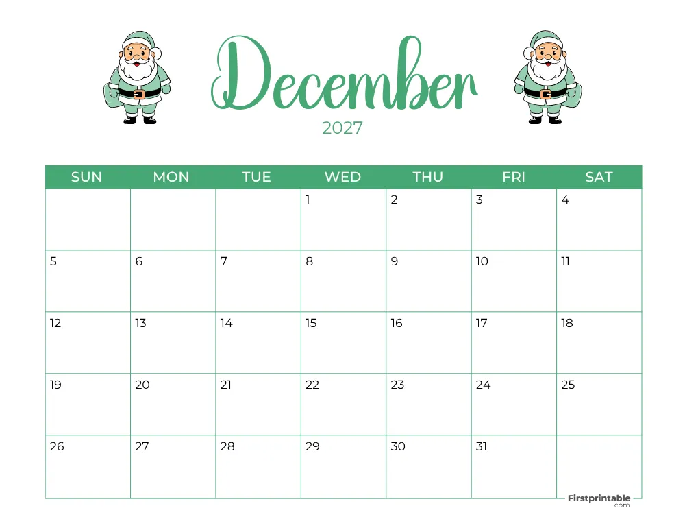 Printable December Calendar 2027 Christmas Template 22